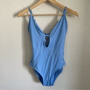 BECCA Plunge One Piece Swimsuit Light Blue Open Back Adjustable Straps Small
